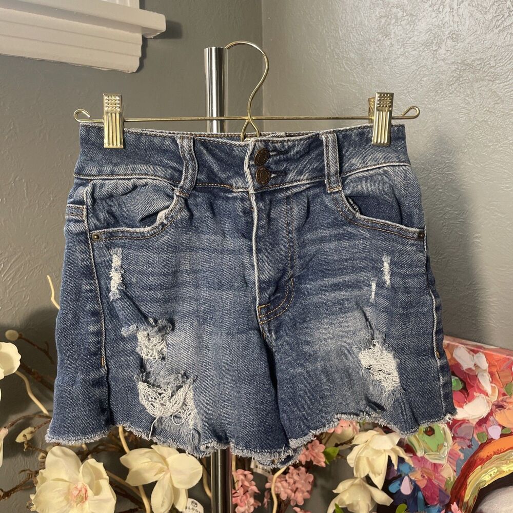 Vanilla Star High Rise Shortie Jean Shorts Womens Size 25/1 Distressed Stretch